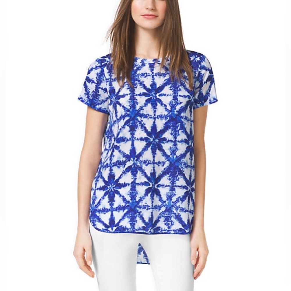Michael by Michael Kors Size Medium Royal Blue Short Sleeve Geometric Blouse - Picture 1 of 4